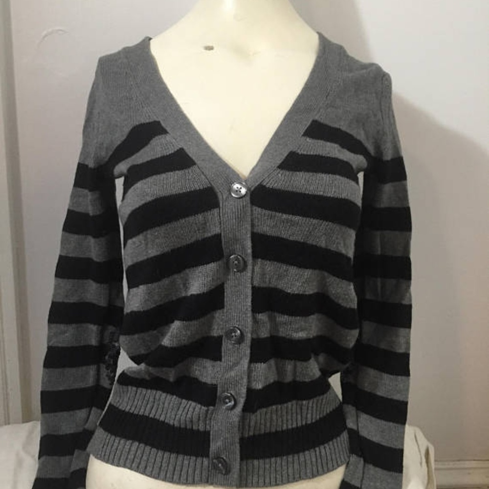 Express Sequin Heart Elbow Patch Striped Cardigan